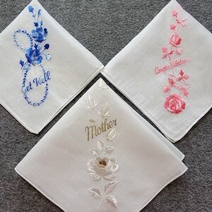 3 Embroidered Handkerchiefs, Congratulations, Mother, Get Well, Wedding Baby
